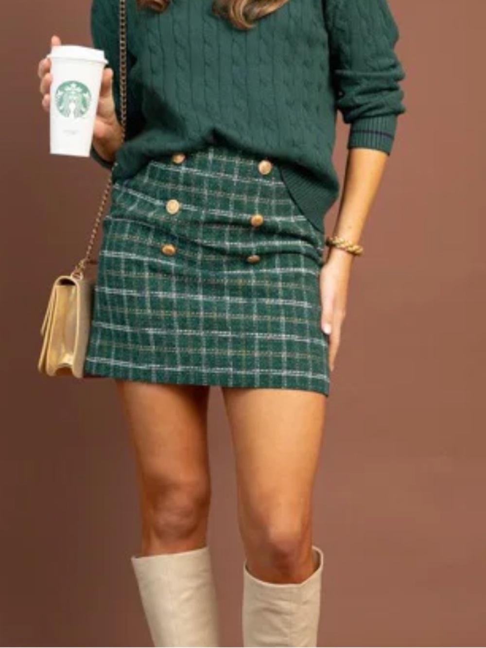 Fate Dark Green Plaid Tweed Mini Skirt with Gold Double Breasted Buttons Size M